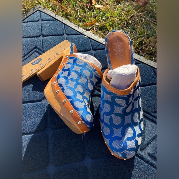 COACH Bacall Blue High Heels Clogs Wooden Platforms
Sz. 7.5 B - Picture 2 of 10